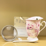 Taza porcelana con infusor, tapa y cuchara rosa